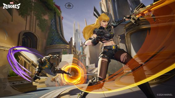 Futuristic battle scene with armored characters in dynamic action poses.