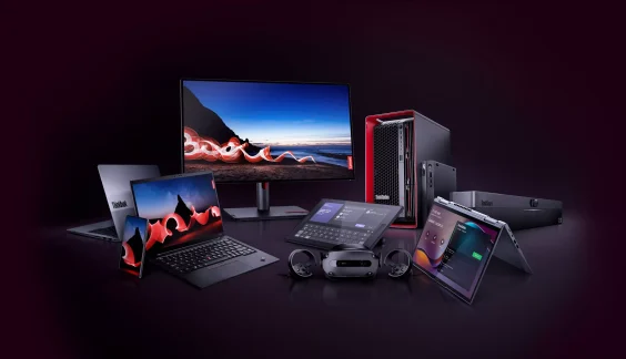 A variety of Lenovo Think devices, including ThinkBook, ThinkPad laptops, a desktop, monitors, a tablet, and a VR headset, are displayed in a lineup.